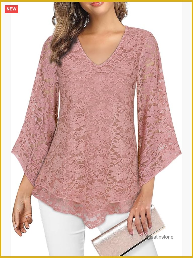 V-Neck Double Layer Elastic Mesh Flared Sleeve Tunic Top